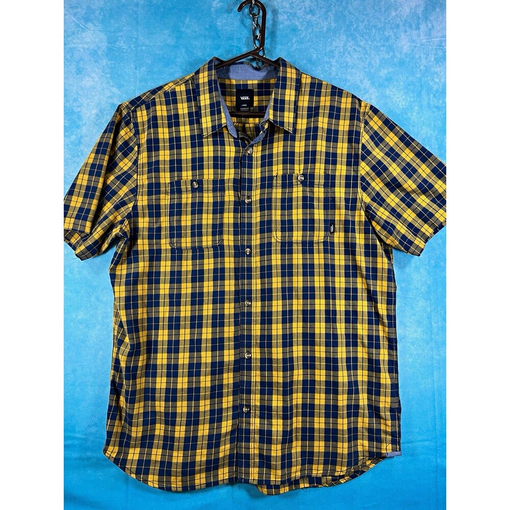 VANS Men's L Yellow Blue Plaid Short Sleeve Button-Up Shirt w/ Pockets